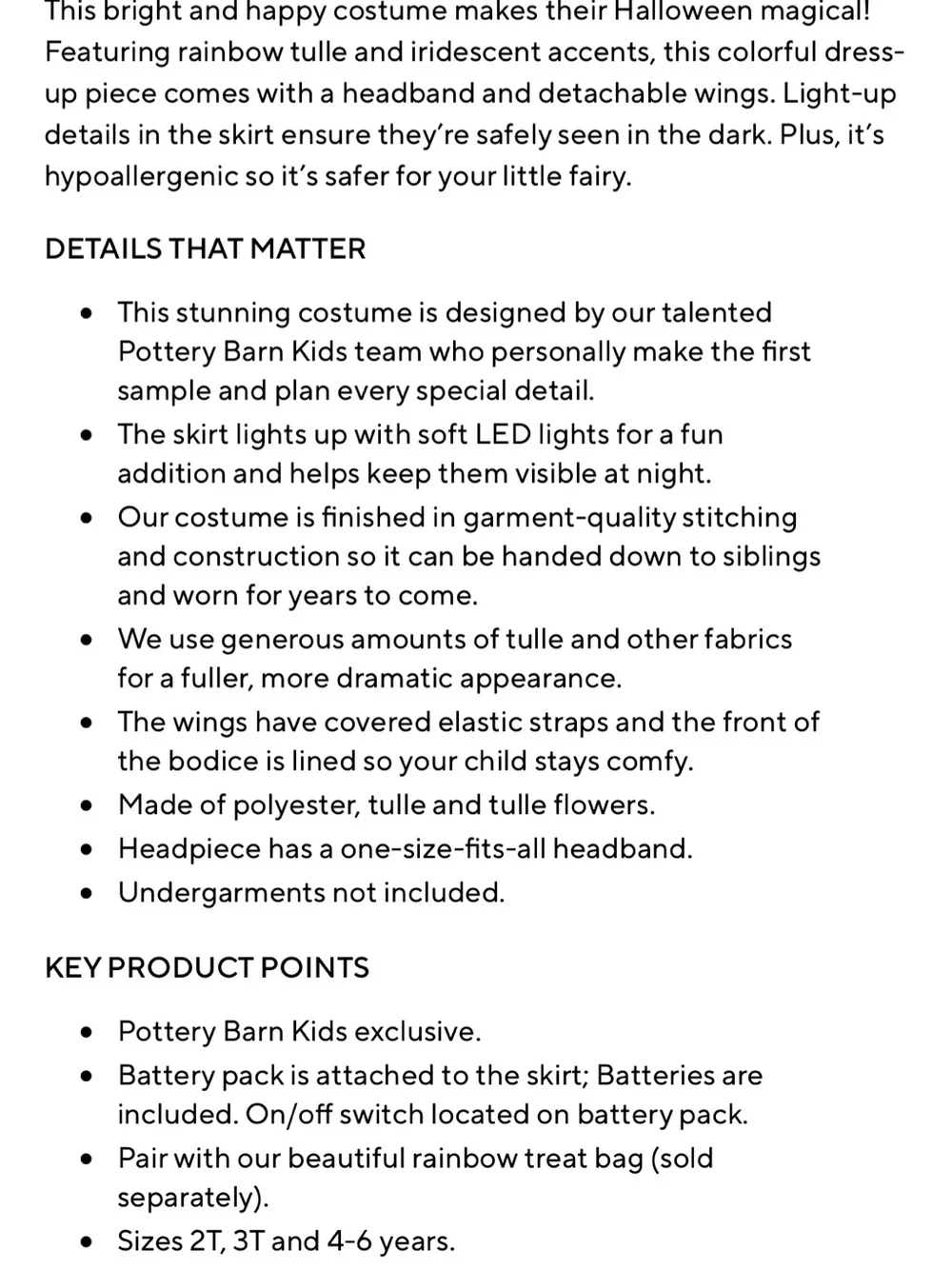 Pottery barn kids rainbow fairy costume light up 4-6